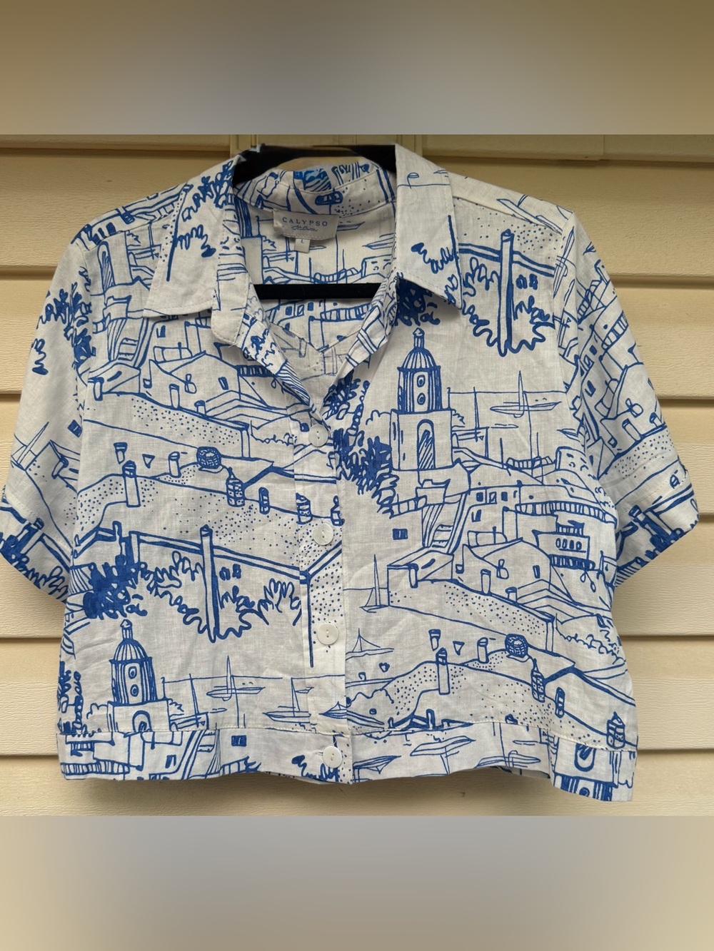 Calypso St,Barth Linen Blend Toile Coastal Croo top Shirt Blue White Size Large - Picture 2 of 9